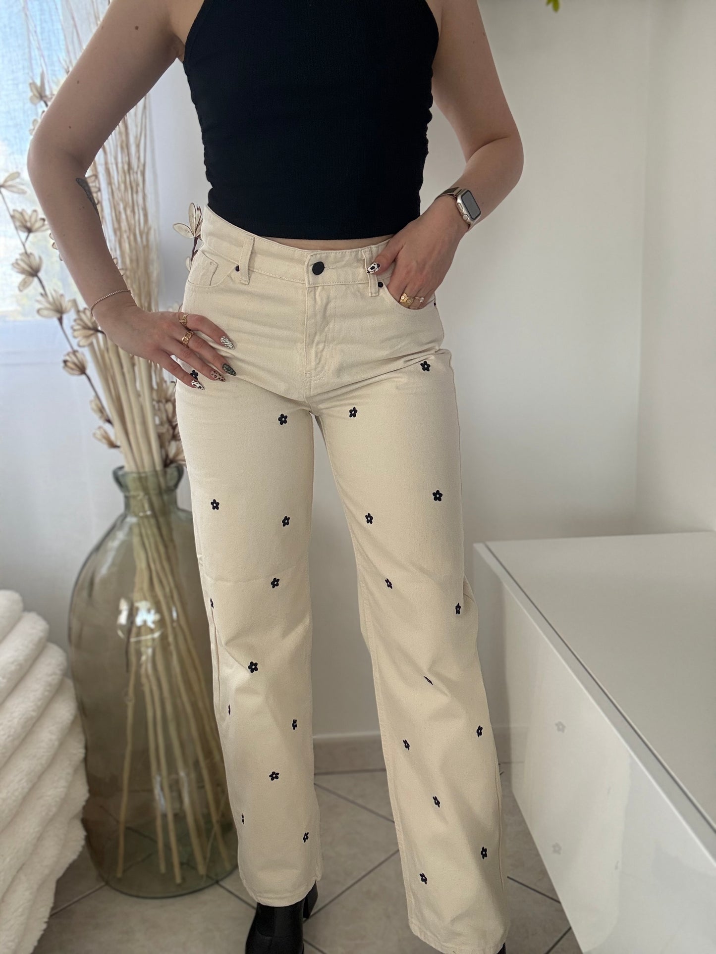 Pantalon "Camille" - Écru Fleuri